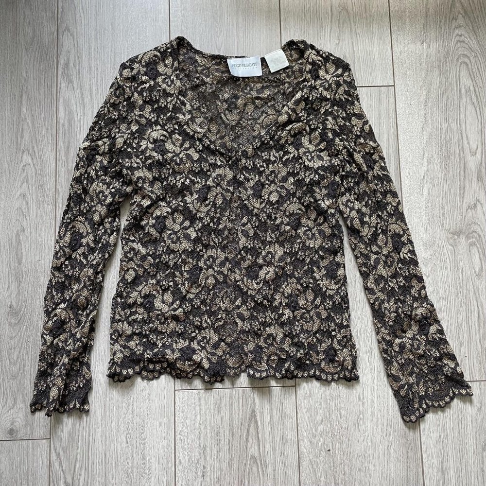 Hugo Buscati Sheer Lace Blouse Top Women's Medium Black Long Sleeve V-Neck